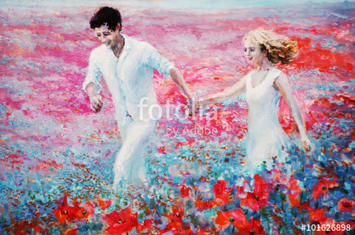 500x331 Oil Painting Of Couple Walking In Poppy Field Holding Hands - Couple Holding Hands Painting