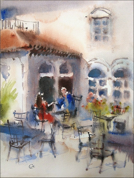 454x602 Italian Cafe Original Watercolor Painting 9x12 Inches Love - Couple In Cafe Painting