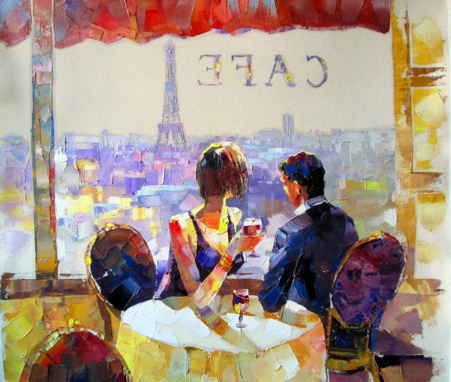 1500x1272 Original Art Painting Elegant Love Couple In A Luxury Paris - Couple In Cafe Painting