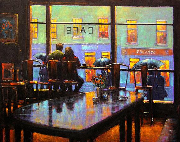 580x458 Painting Print Of A Couple Taking Refuge From The Rain In A Cafe - Couple In Cafe Painting
