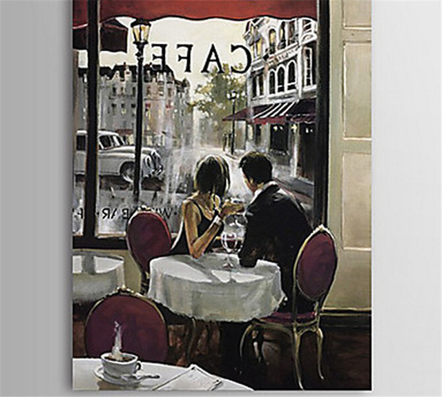 640x576 Bpago 100% Hand Painted Modern Design Cafe Lovers Dating Street - Couple In Cafe Painting