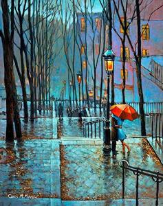237x300 Painting Print Of Lovers Under Umbrella On Montmartre Steps, Paris - Couple In Paris Painting