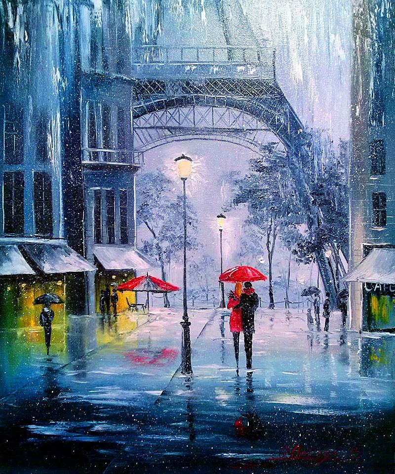 800x959 Paris Eiffel Tower Painting City Street Lights And Couple - Couple In Paris Painting