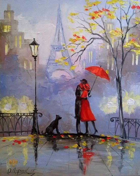 554x698 Rainy Day In Paris Painting, Couple With Red Umbrella And Dog - Couple In Paris Painting