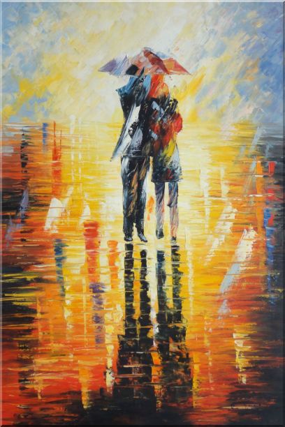 408x612 Framed Couple Walking Under Umbrella In Rain Oil Painting - Couple In Rain Painting