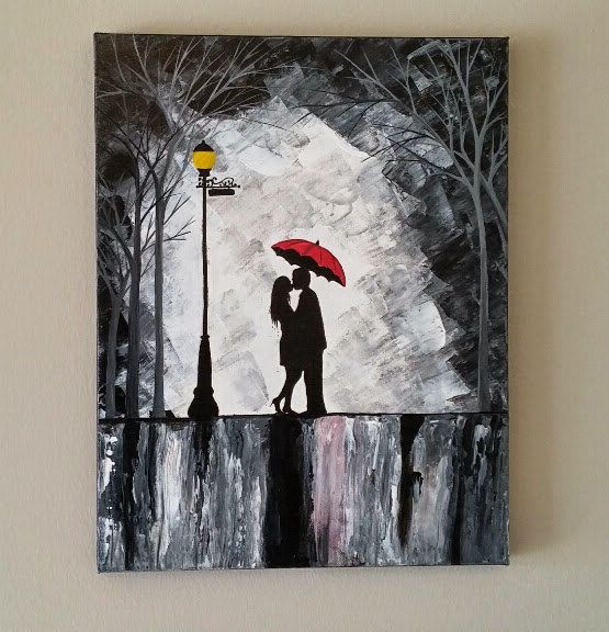555x576 Original Couple In Rain Painting, Couple Kissing In The Rain Wall - Couple Kissing Painting
