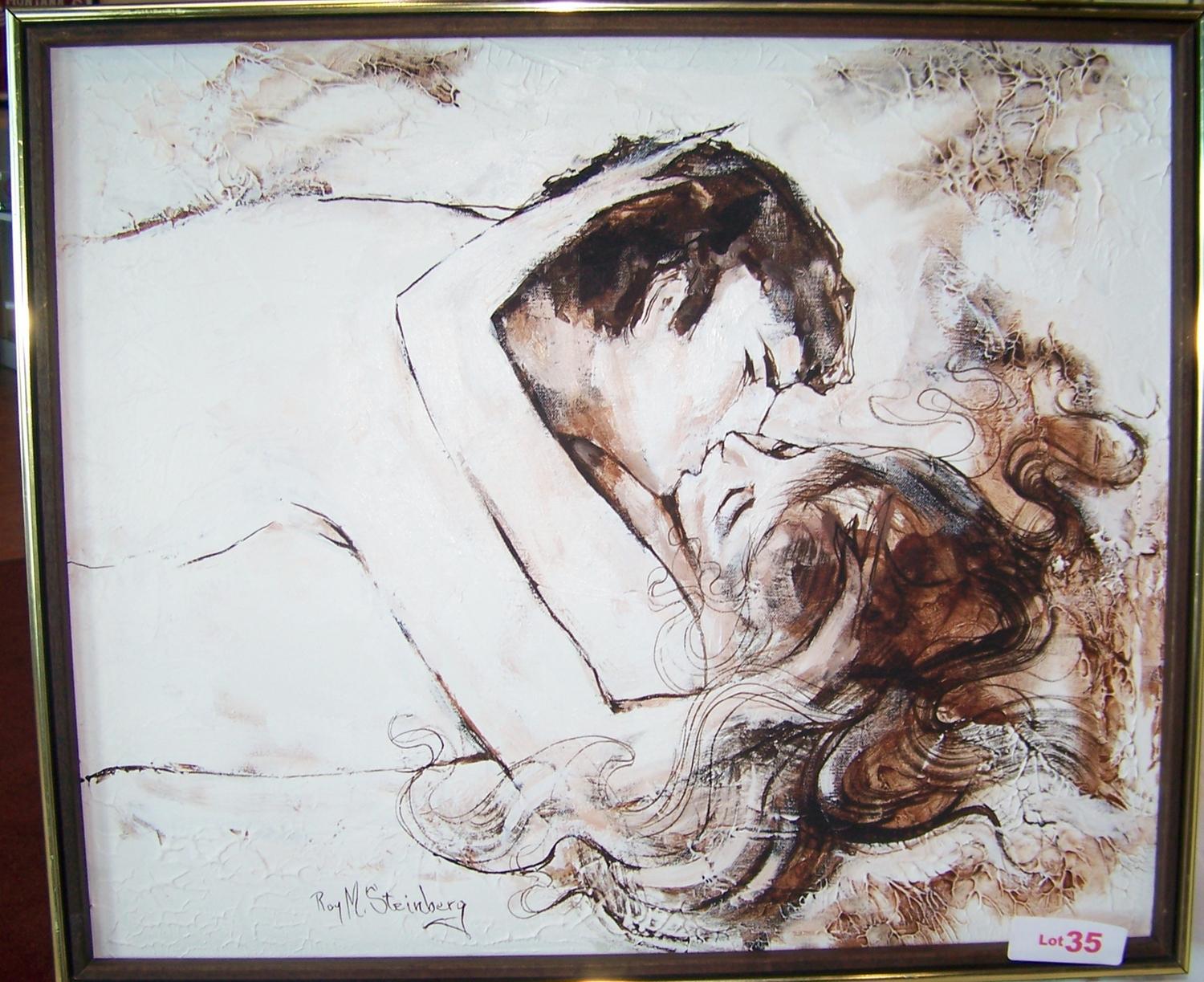 1500x1223 Roy M Steinberg Vintage Oil On Canvas Painting. Kissing Couple, Framed - Couple Kissing Painting
