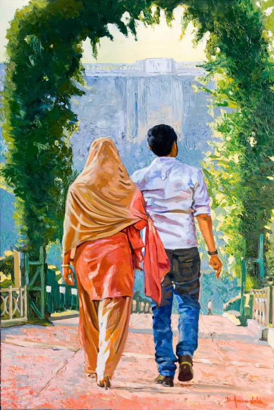 536x800 Couple Walking Under The Leafy Arch, Oil Painting, Figures - Couple Oil Painting