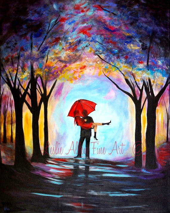 570x713 Couple Painting Couple Art Print Red Umbrella Love Wall Art - Couple Painting