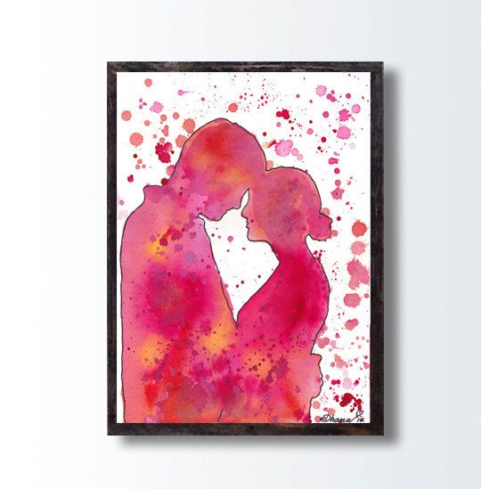 540x549 Love Art Print Kissing Couple Silhouette Painting By Dhanaart - Couple Silhouette Painting