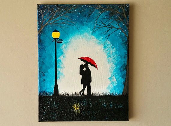570x418 Original Couple In Rain Painting,couple Kissing In The Rain Wall - Couple Silhouette Painting