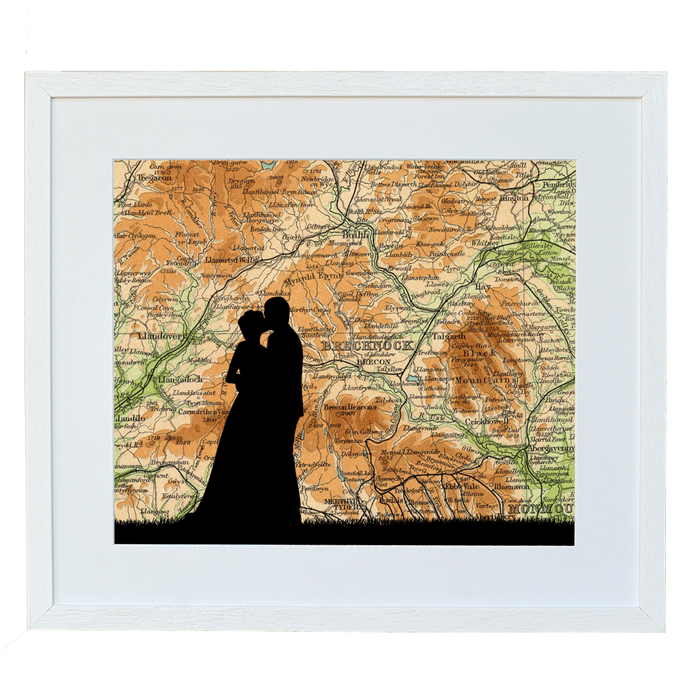 992x992 Bespoke Wedding Portrait Commission Over Vintage Map Atlas And I - Couple Silhouette Painting