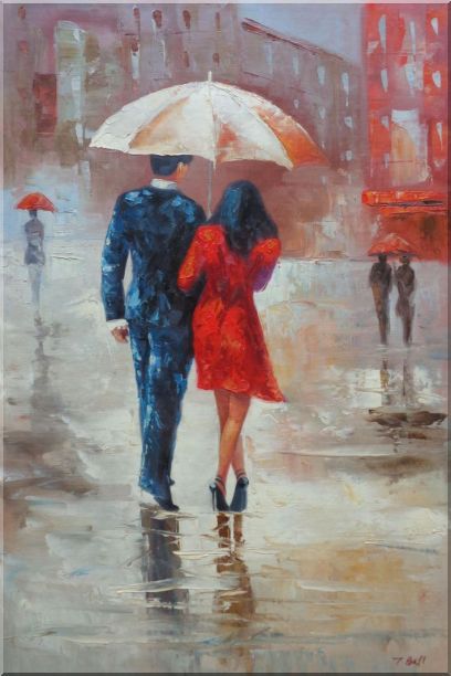 408x612 Framed Romantic Young Couple In Blue And Red Walking Under - Couple Under Umbrella Painting