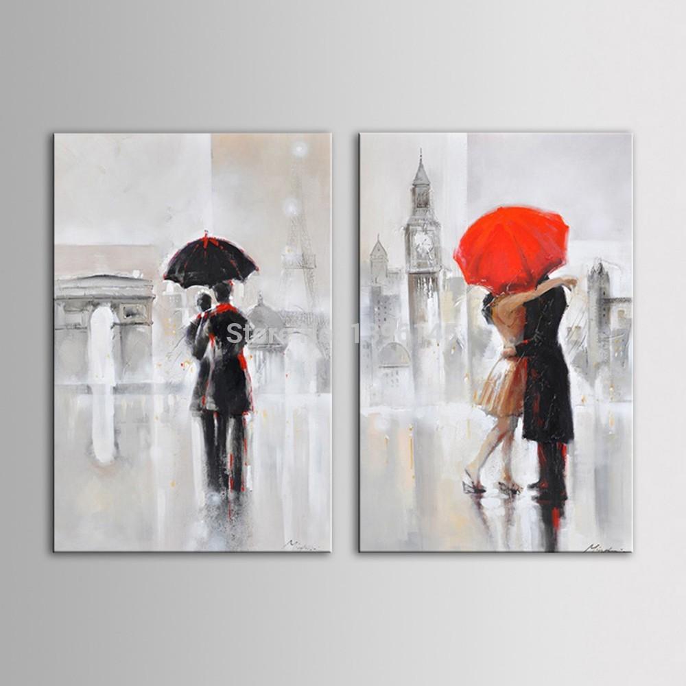 1000x1000 Hand Beautifully Hand Painted Oil Painting Of Romantic Couple Kiss - Couple Under Umbrella Painting