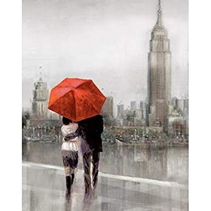 425x425 Red Umbrella Art, New York City Couple With Red - Couple Under Umbrella Painting