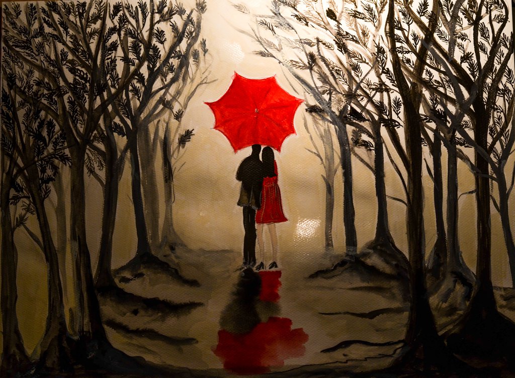 1024x752 Romantic Couple Under A Red Umbrella Aquarell By Enchantress 1 - Couple Under Umbrella Painting