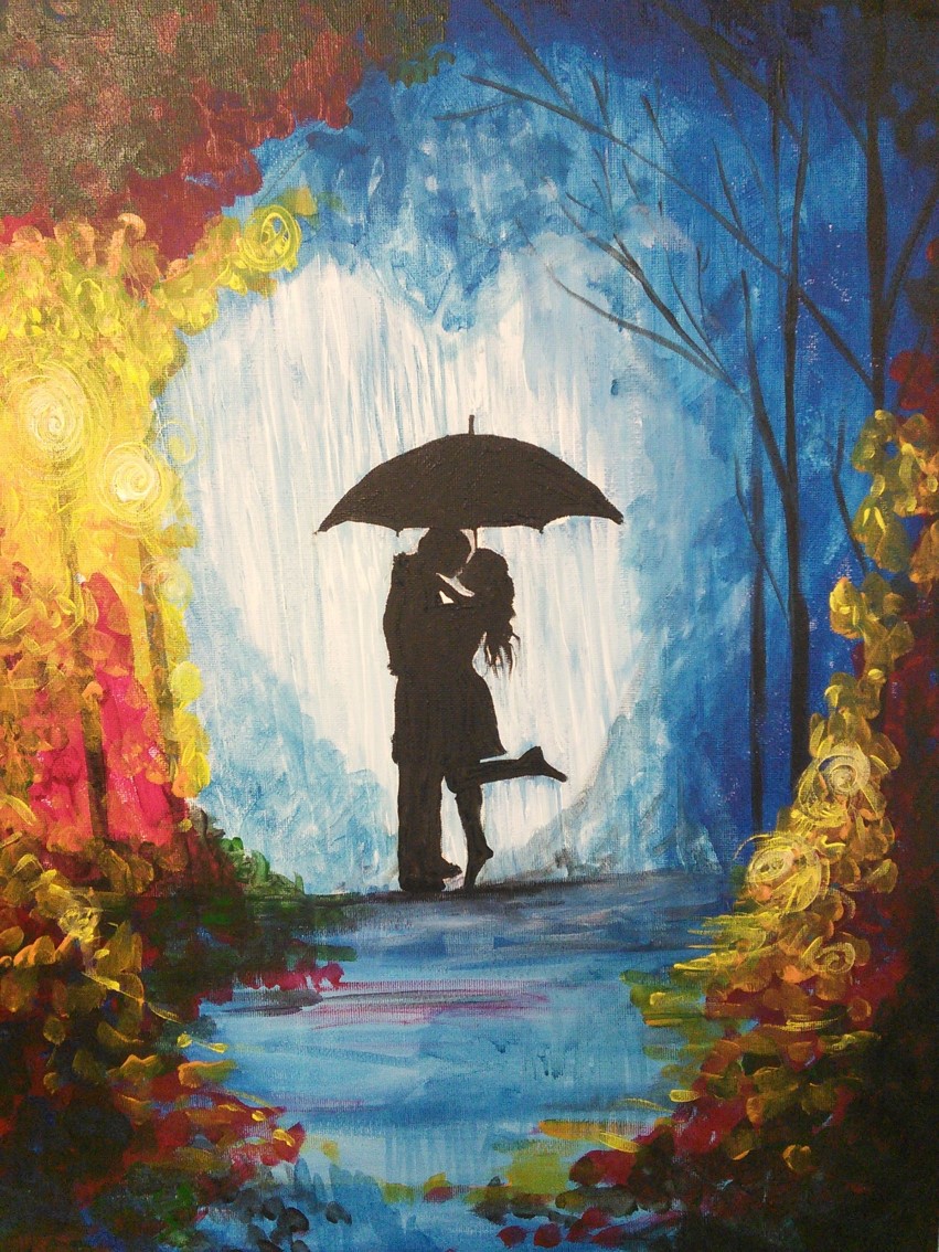 851x1134 Umbrella Couple The Village Including Food Painty - Couple Under Umbrella Painting