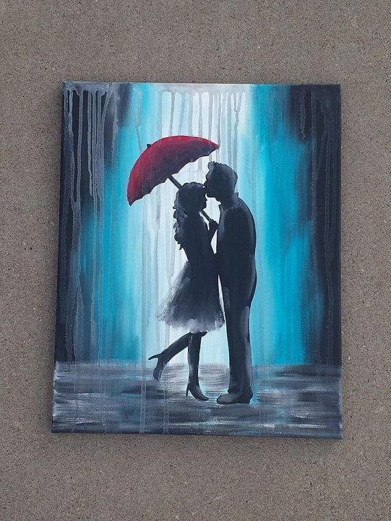 570x760 Couple Under Red Umbrella In The Rain Paintings - Couple Under Umbrella Painting