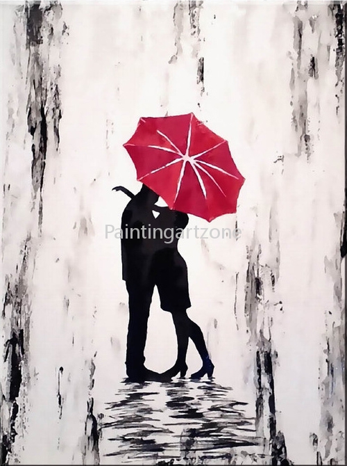 500x670 Canvas Oil Painting Of Couple Under Red Umbrella - Couple Under Umbrella Painting