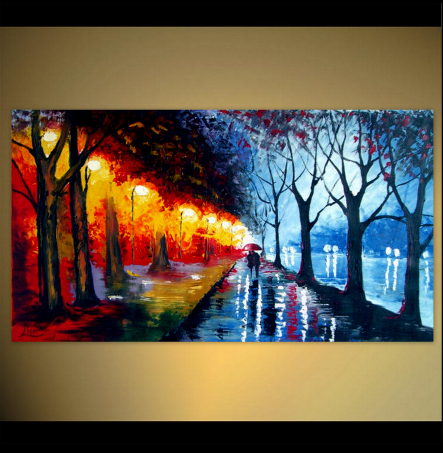 1465x1500 Abstract Acrylic Painting A Couple Walking In The Night Rain - Couple Walking In Rain Painting