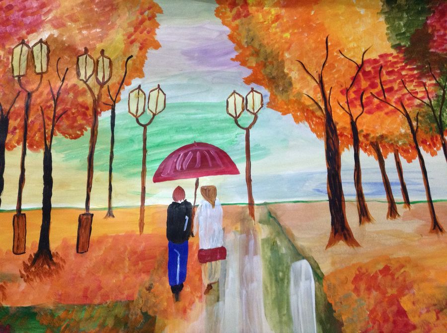 900x672 Couple Walking In Rain Painting By Artist Shweta Pandey - Couple Walking In Rain Painting