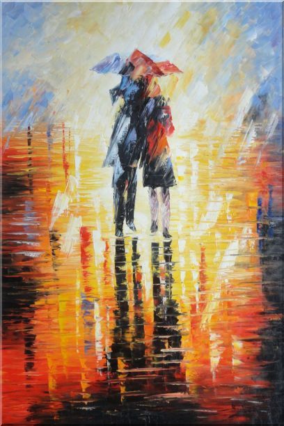 408x612 Couple Walking Under Umbrella In Rain Oil Painting 24 X 20 Inches - Couple Walking In The Rain Painting