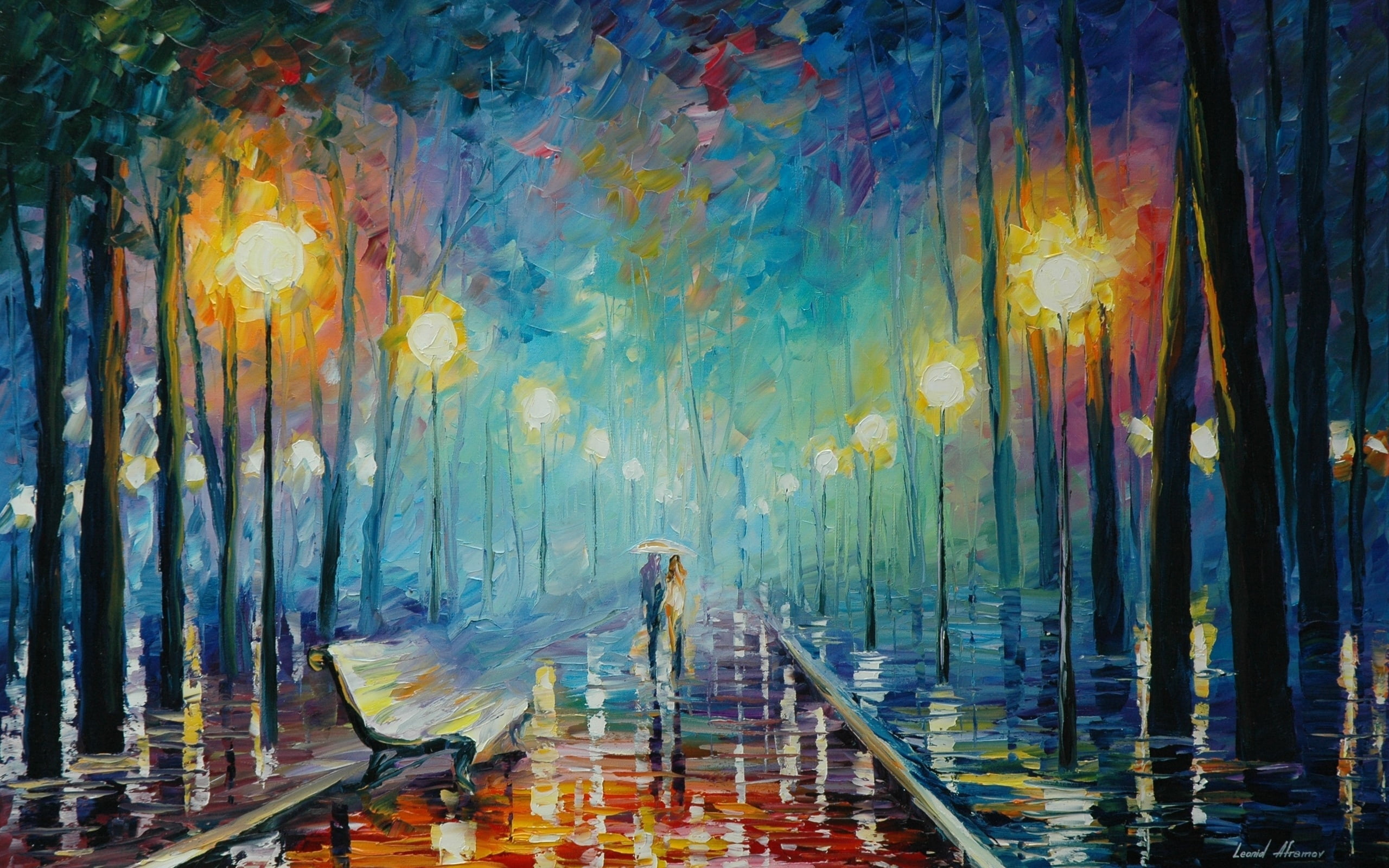 2560x1600 Couple Walking In The Rain Painting, Lovers, Rain, Umbrella, Trees - Couple Walking In The Rain Painting