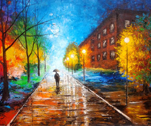 300x250 Original Huge Oil Painting Walk In The Rain By Gargoviartgallery - Couple Walking In The Rain Painting