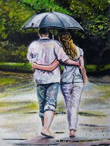 225x300 Original Watercolor Painting Couple Walking Park Umbrella Rain - Couple Walking In The Rain Painting