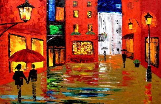 564x366 Walking In The Rain Original Oil Painting Knife 24x36 Malorcka - Couple Walking In The Rain Painting