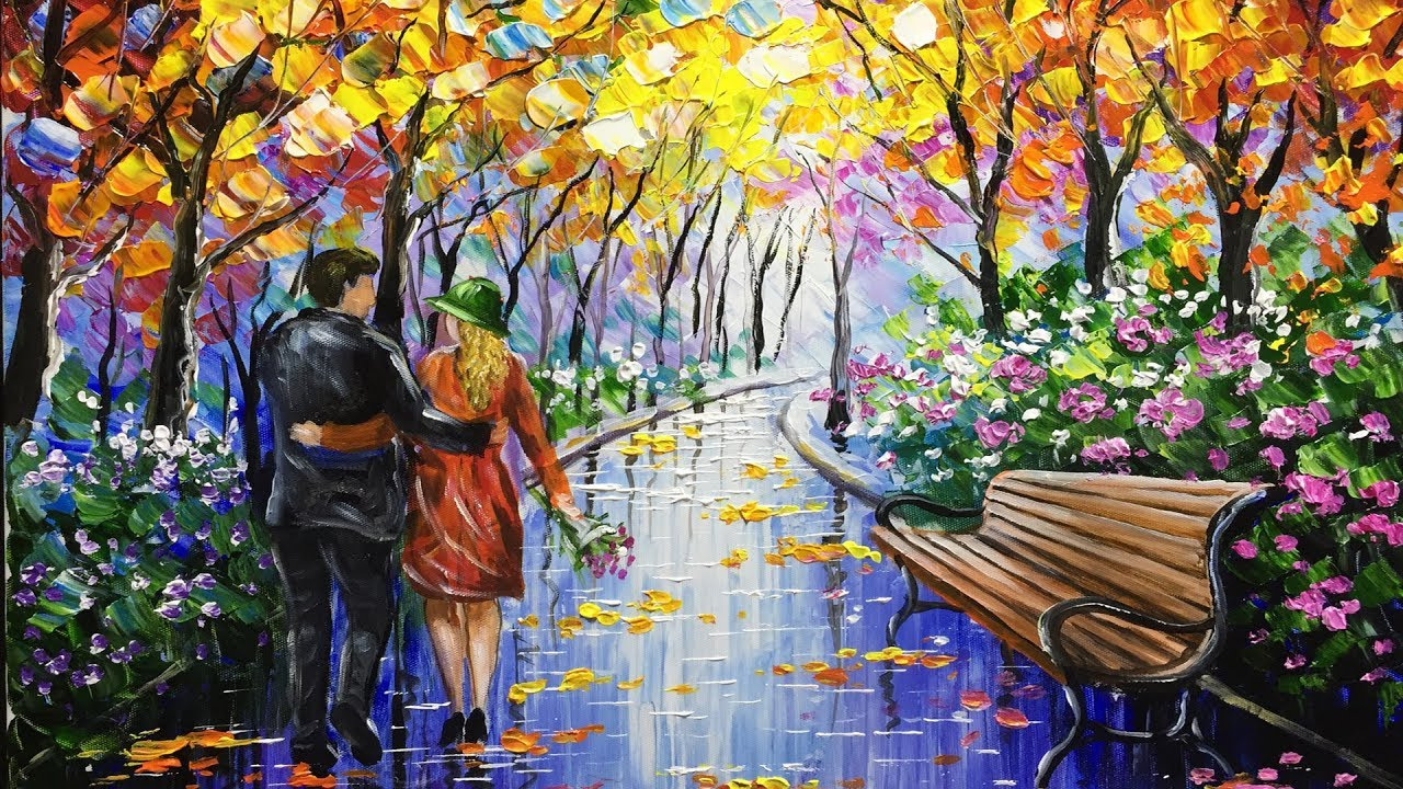 1280x720 Walk In The Park Painting Couple Walking In Rain Acrylic Painting - Couple Walking In The Rain Painting