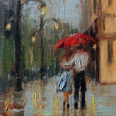 400x400 Small 6 X 6 Original Oil Painting Of A Couple Walking In The Rain - Couple Walking In The Rain Painting