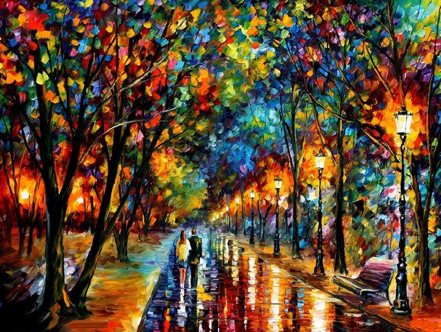 640x483 Colorful Painting A Couple Of Lovers Walking In The Rain Diy Full - Couple Walking In The Rain Painting