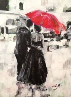 236x322 Figurative Paintings By Andre Kohn Umbrella Art, Red - Couple With Red Umbrella Painting