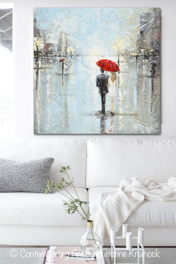 570x853 Giclee Print Art Abstract Painting Couple Red Umbrella Girl - Couple With Red Umbrella Painting