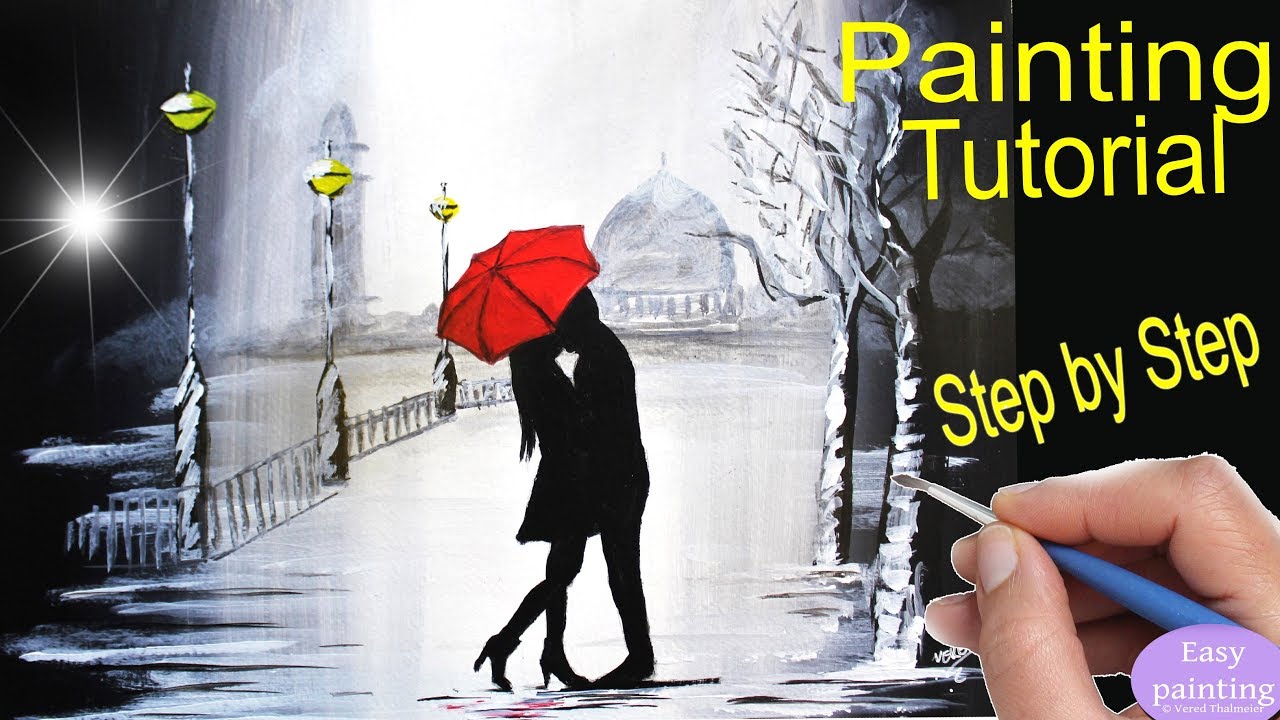 1280x720 How To Paint Couple Kissing Red Umbrella Rainy Day Painting - Couple With Red Umbrella Painting