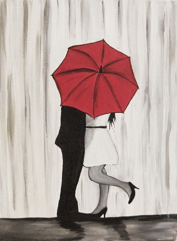 570x775 Original Couple In Rain Painting Couple Kissing In By Artbyrangrez - Couple With Red Umbrella Painting
