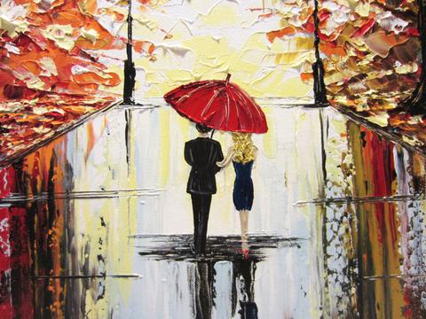 480x360 Sold Original Art Abstract Painting Couple Red Umbrella Trees Rain - Couple With Red Umbrella Painting
