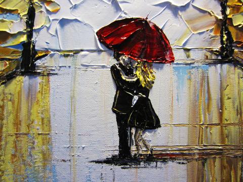 480x360 Sold Original Art Abstract Painting Trees Couple Red Umbrella Rain - Couple With Red Umbrella Painting