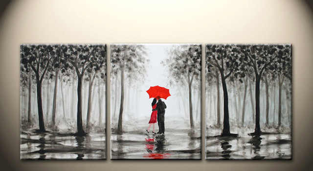 640x351 3 Pieces Modern Beautiful Black And White Forest And Red Umbrella - Couple With Red Umbrella Painting