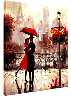 238x320 Couple With Red Umbrella Under Rain In Paris Oil Paint Reprint - Couple With Red Umbrella Painting