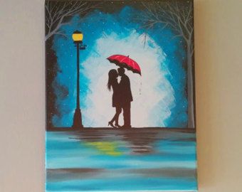 340x270 Original Couple In Rain Painting, Couple Kissing In The Rain Wall - Couple With Umbrella Painting