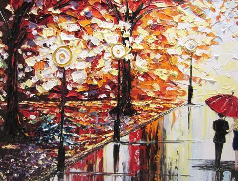480x366 Sold Original Art Abstract Painting Couple Red Umbrella Trees Rain - Couple With Umbrella Painting
