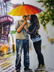 225x300 Watercolor Painting Couple Umbrella Rain City Love Kiss Nature - Couple With Umbrella Painting