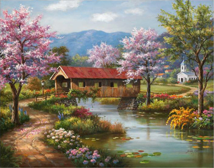 701x551 Sung Kim Covered Bridge In Spring Painting Anysize 50% Off - Covered Bridge Painting