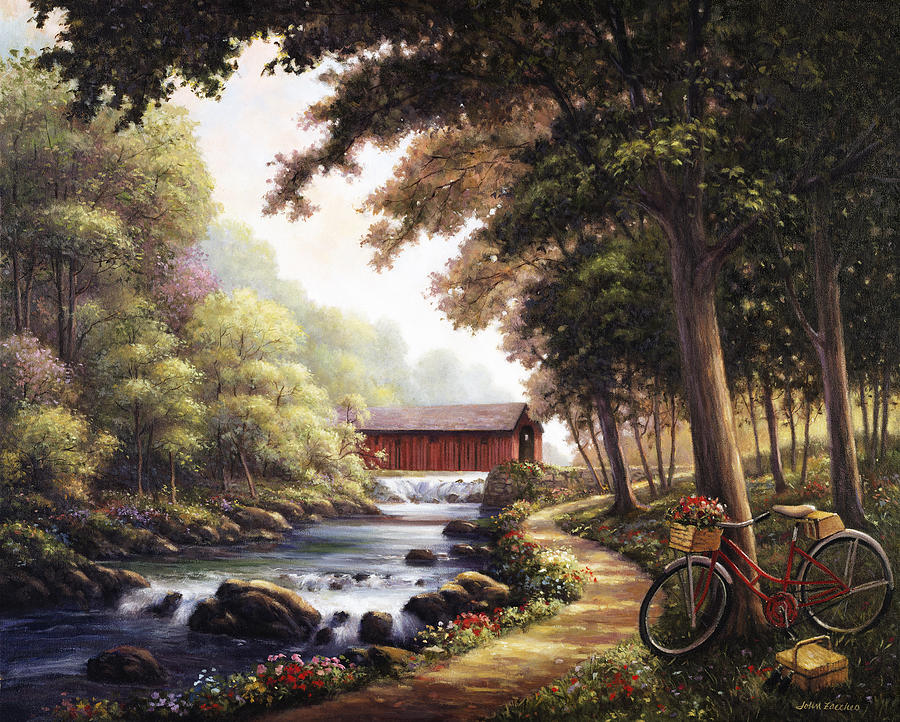 900x722 The Covered Bridge Painting By John Zaccheo - Covered Bridge Painting