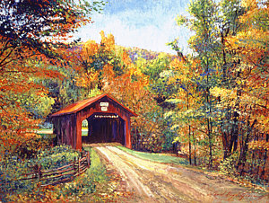 300x226 The Red Covered Bridge Painting By David Lloyd Glover - Covered Bridge Painting