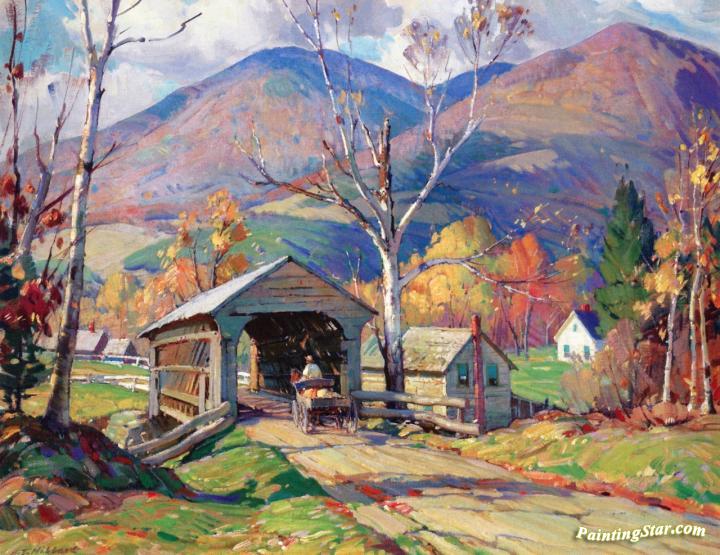 720x555 Vermont Covered Bridge Artwork By Aldro Thompson Hibbard Oil - Covered Bridge Painting