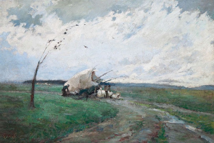 704x470 Covered Wagon Hit By A Storm By George Van Raemdonck On Artnet - Covered Wagon Painting