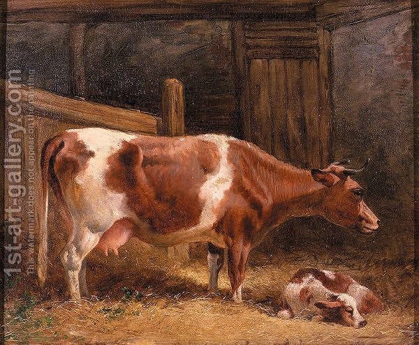 600x495 A Cow And Calf In A Stall John Frederick Herring Snr Reproduction - Cow And Calf Painting